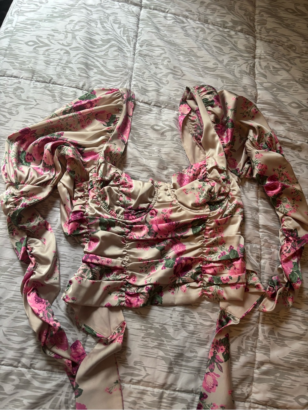 For Love & Lemons Cream Satin Floral Ruched Crop Top with Pink Roses